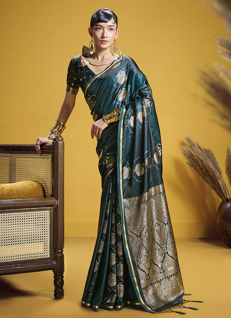 Dark teal handloom satin saree with weaving work