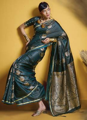 Dark teal handloom satin saree with weaving work 2