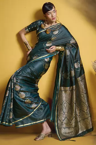 Dark teal handloom satin saree with weaving work