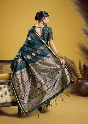 Dark teal handloom satin saree with weaving work 3