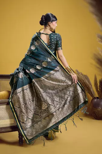 Dark teal handloom satin saree with weaving work