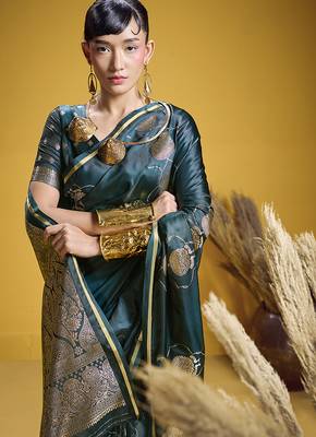 Dark teal handloom satin saree with weaving work 4