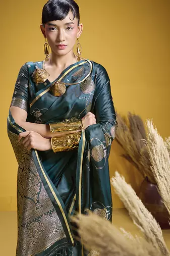 Dark teal handloom satin saree with weaving work
