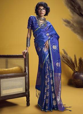 Blue handloom satin saree with weaving work 1
