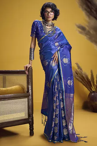 Blue handloom satin saree with weaving work