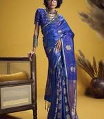 Blue handloom satin saree with weaving work