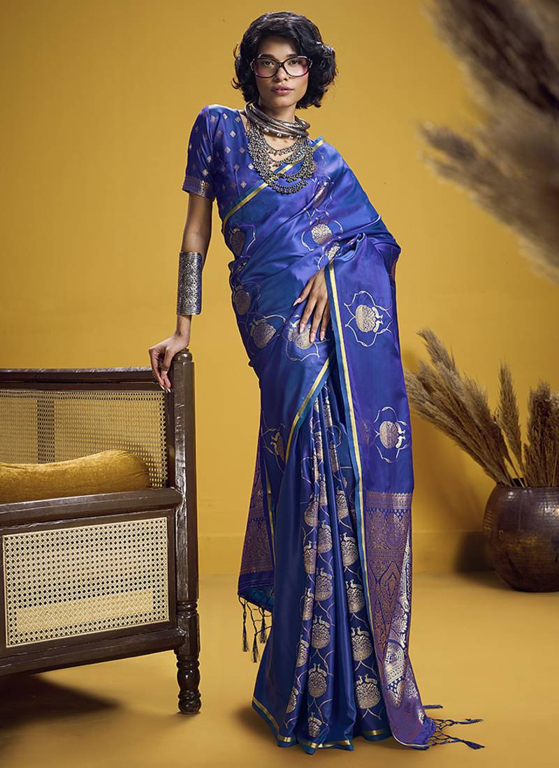 Blue handloom satin saree with weaving work