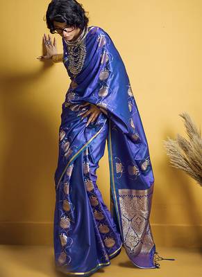 Blue handloom satin saree with weaving work 2