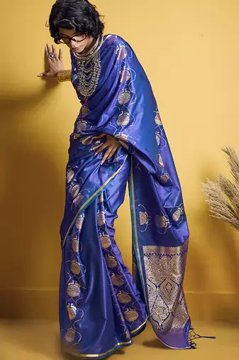 Blue handloom satin saree with weaving work