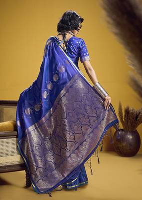 Blue handloom satin saree with weaving work 3