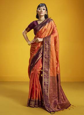 Orange handloom silk blend saree with weaving work 1