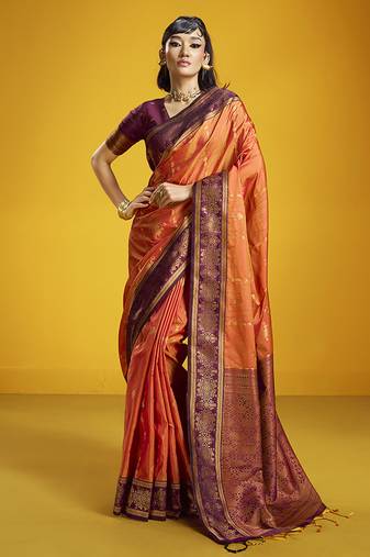 Orange handloom silk blend saree with weaving work