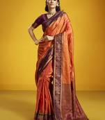 Orange handloom silk blend saree with weaving work