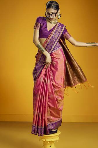 Peach handloom silk blend saree with weaving work
