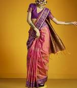 Peach handloom silk blend saree with weaving work