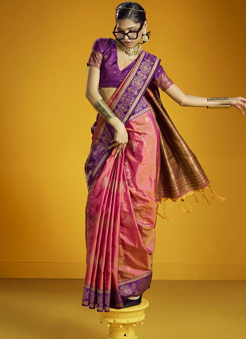 Peach handloom silk blend saree with weaving work