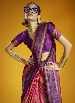 Peach handloom silk blend saree with weaving work 2