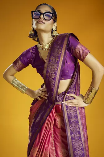 Peach handloom silk blend saree with weaving work