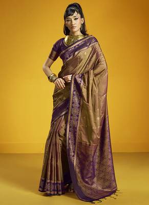 Brown handloom silk blend saree with weaving work 1