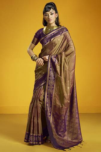Brown handloom silk blend saree with weaving work