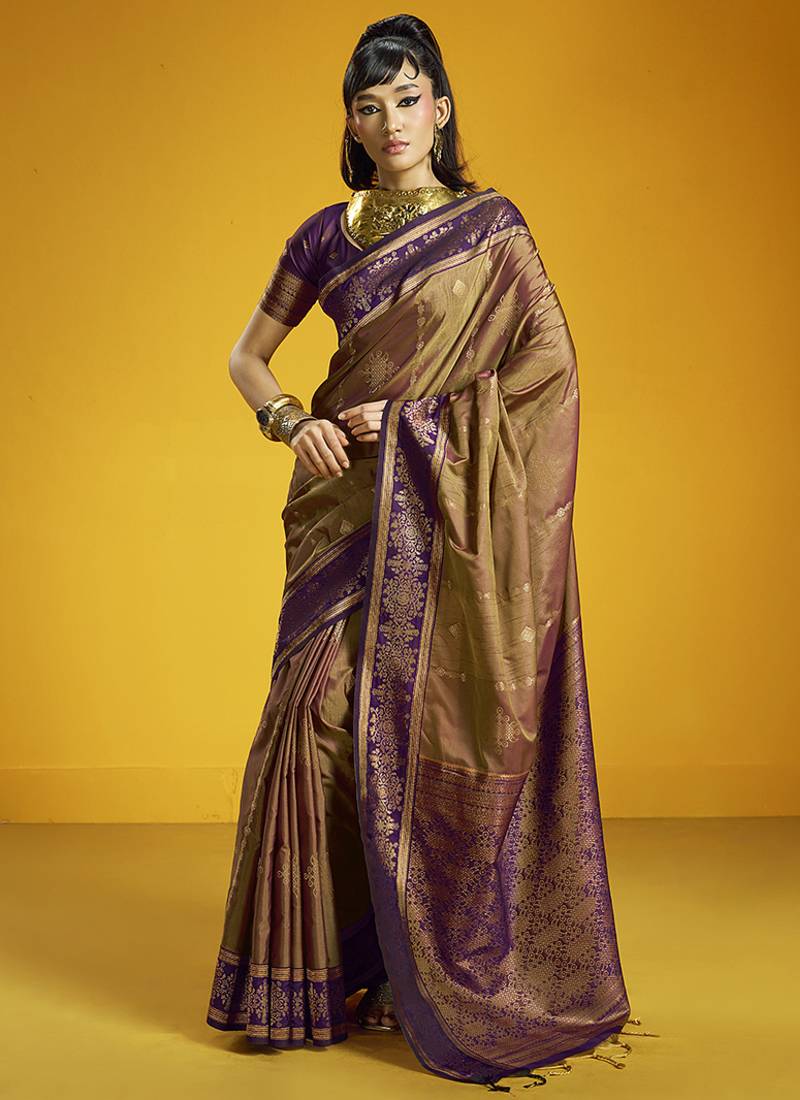 Brown handloom silk blend saree with weaving work