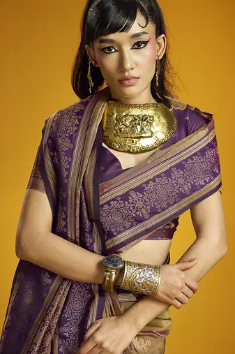 Brown handloom silk blend saree with weaving work