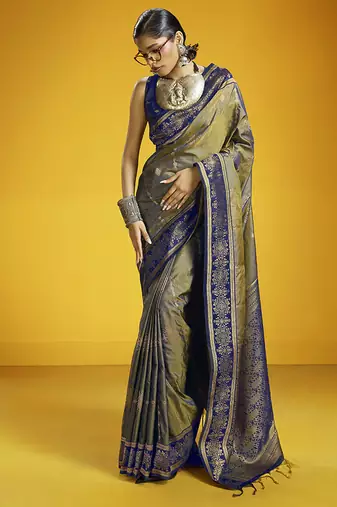 Grey handloom silk blend saree with weaving work