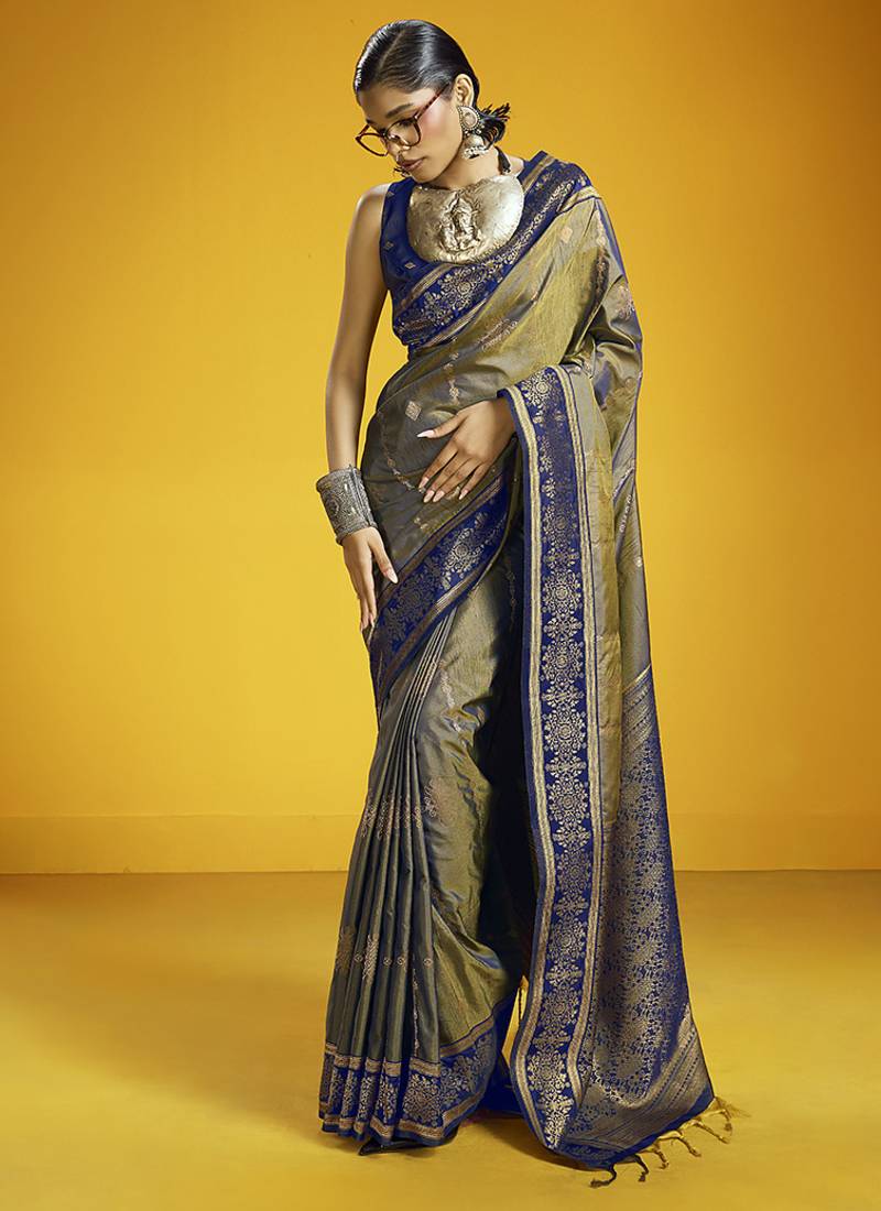 Grey handloom silk blend saree with weaving work