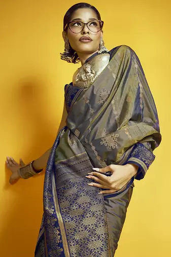 Grey handloom silk blend saree with weaving work