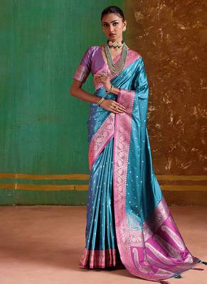 Aqua blue weaving handloom silk blend saree 1