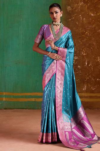 Aqua blue weaving handloom silk blend saree