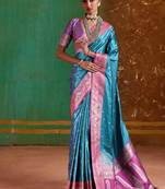 Aqua blue weaving handloom silk blend saree