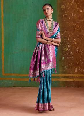 Aqua blue weaving handloom silk blend saree 2