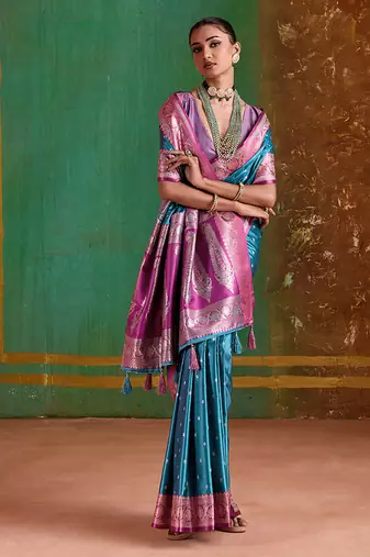Aqua blue weaving handloom silk blend saree