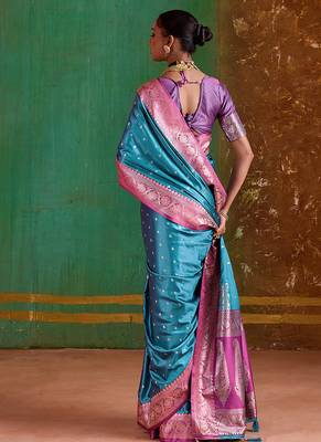 Aqua blue weaving handloom silk blend saree 3