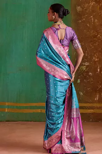 Aqua blue weaving handloom silk blend saree