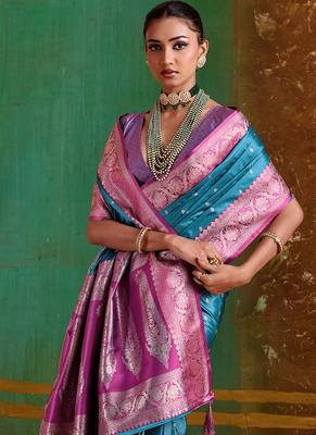 Aqua blue weaving handloom silk blend saree 4