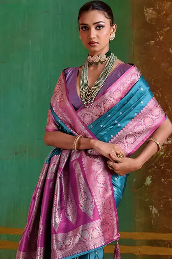 Aqua blue weaving handloom silk blend saree
