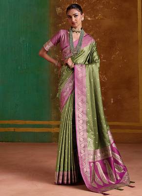 Olive green weaving handloom silk blend saree 1