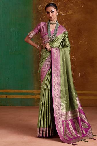 Olive green weaving handloom silk blend saree
