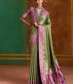 Olive green weaving handloom silk blend saree