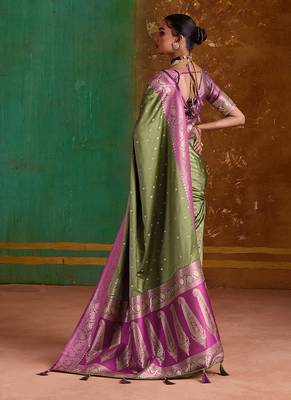Olive green weaving handloom silk blend saree 2