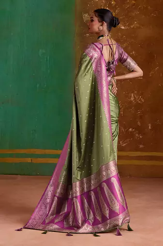 Olive green weaving handloom silk blend saree