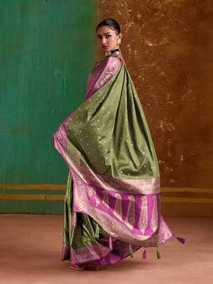 Olive green weaving handloom silk blend saree 3