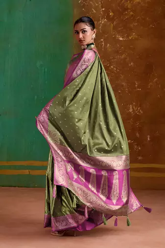 Olive green weaving handloom silk blend saree