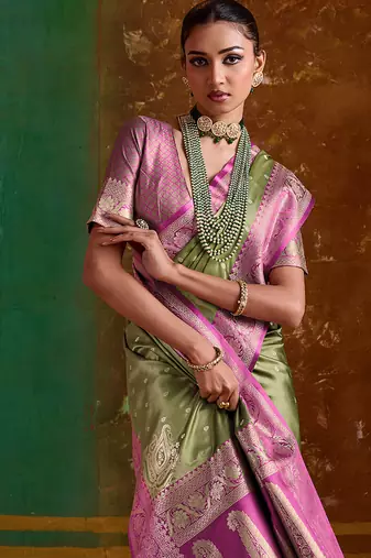 Olive green weaving handloom silk blend saree