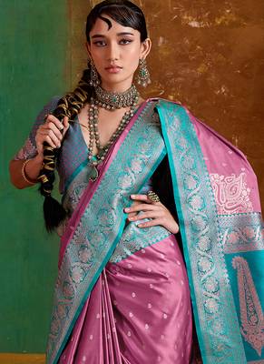 Onion pink weaving handloom silk blend saree 4