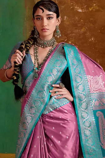 Onion pink weaving handloom silk blend saree