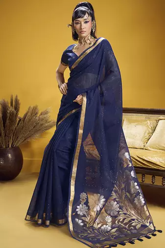 Handloom silk blend weaving navy blue saree