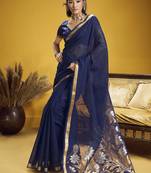 Handloom silk blend weaving navy blue saree